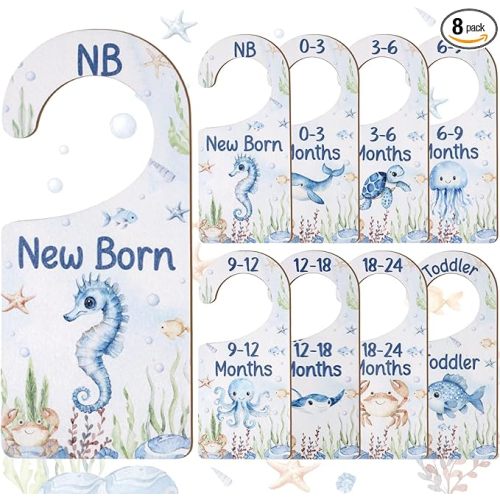 Baby Closet Dividers 8PCS, Under the Sea/Ocean Animal Theme Wooden Double-Sided Clothes Size Hanger Organizer from Newborn to Toddler for Nursery Decor Baby Shower Birthday Gift