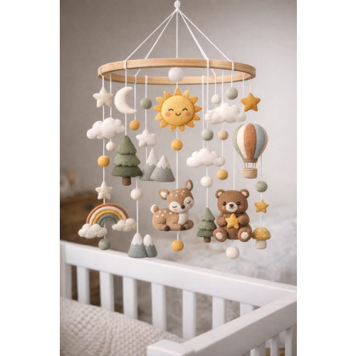 Woodland Baby Mobile with Sun - Animals – Neutral Felt Crib Mobile – Forest Nursery Decor – Gift Set with Pacifier Clip, Knit Bib - Booties