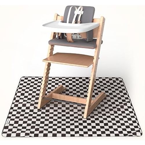 Tiny Twinkle Splat Mat for Under High Chair or Table | 44" x 44" Waterproof & Mess-Proof High Chair Mat for Baby, Machine Washable for Mealtime or Art(Black Checkers)