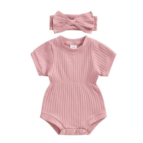 FOCUSNORM Baby Girl Summer Clothes Ribbed Short Sleeve Romper Solid Color Bodysuits Bow Headband Outfit Newborn Girl Jumpsuit