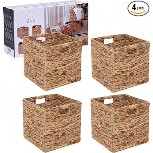 12x12in Storage Baskets 4 Pcs Water Hyacinth Basket,Foldable Storage Cubes