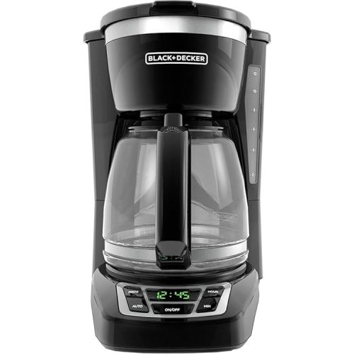 BLACK+DECKER 12-Cup Digital Coffee Maker, Programmable, Washable Basket Filter, Sneak-A-Cup, Auto Brew, Water Window, Keep Hot Plate, Black