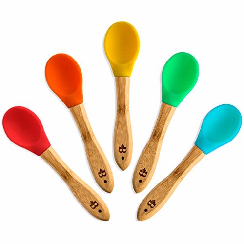 Bambusi Natural Bamboo Baby Spoons - First Stage Weaning Feeding Spoons with Soft Silicone Tips for Babies or Toddler - Gum-Friendly BPA-Free and Lead-Free - Great Infant Gift (Set of 5)