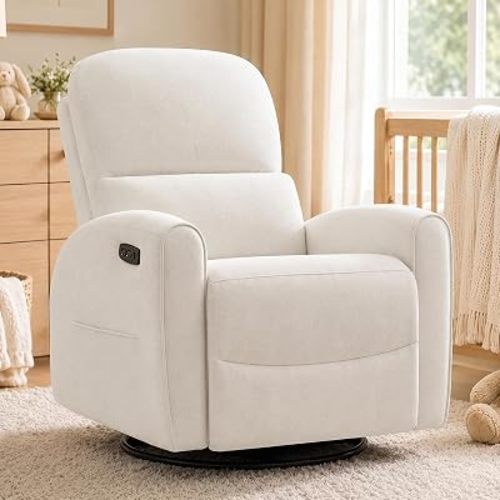 Power Swivel Rocker Recliner, Swivel Glider Nursery Electric Recliner Chair with Lumbar Support, Upholstered Rocking Recling Chairs for Adults Nursery, Living Room, Bedroom, Chenille White