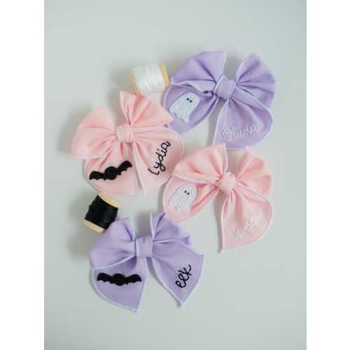 Halloween Hand-Embroidered Name Hairbow | Ghost Bat Boo Bow, Custom Embroidery Name Bow, Toddler Hair Bow, New Baby Girl Gift, Pink Purple