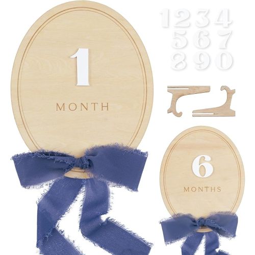 Daisy 3D Baby Monthly Milestone, Wooden Baby Milestone Signs, Monthly Milestone Wood Discs, Baby Milestone Discs (Navy Ribbon)