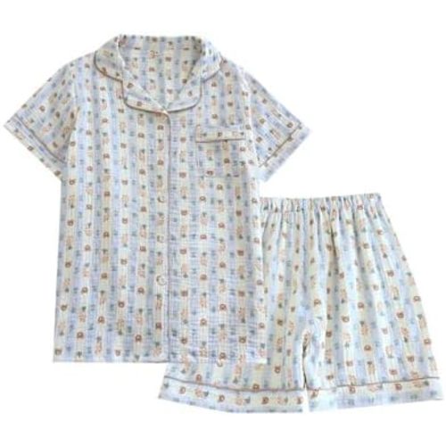 Womens Cute Pajama Set Short Sleeve Button Up Shirt and Shorts 2 Piece Cotton Pj Sets