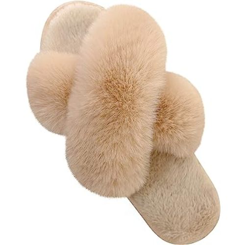 Parlovable Women's Fuzzy Slippers Comfy Cross Band House Shoes Memory Foam Open Toe Indoor Gifts for Ladies