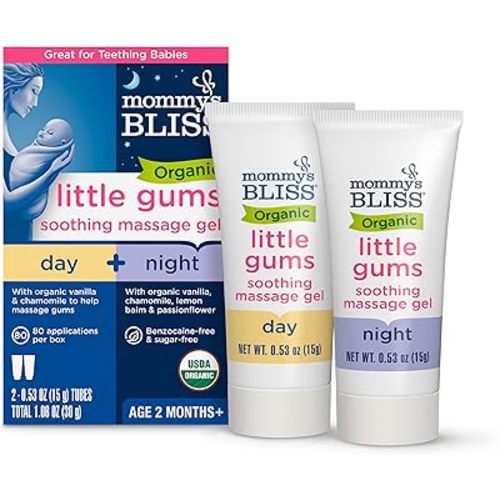 Mommy's Bliss Organic Little Gums Soothing Massage Gel Day and Night Combo, Great for Teething Babies, Age 2 Months+, Sugar Free, Mild & Sweet Flavor, 2 - 0.53 Oz Tubes (Pack of 1)