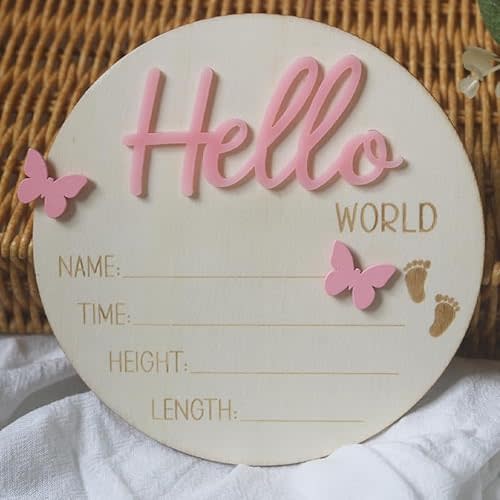 Baby Announcement Sign Hello World Newborn Sign Newborn Baby Birth Announcement Sign Wooden Newborn Photography Props Baby Shower Hospital Nursery 5.3 Inch (Butterfly Pink)