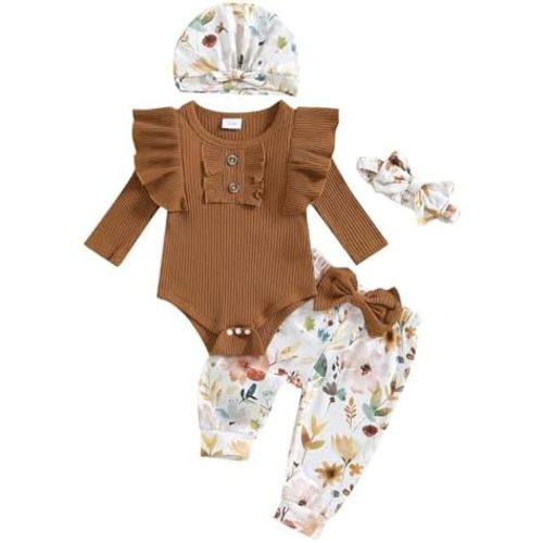 Ayalinggo Newborn Baby Girl Clothes Ruffle Ribbed Knit Romper Floral Pants Set Headband Hat Cute Infant Coming Home Outfit