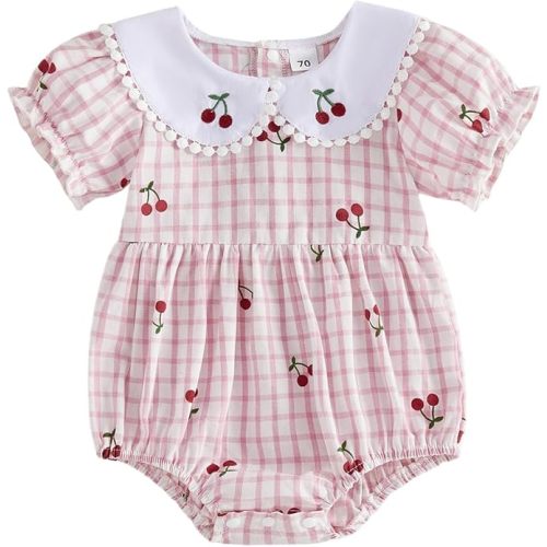 Infant Baby Girl Outfit Short Sleeve Smocked Bubble Romper Plaid Cherry Fruit Bodysuit Newborn Summer Clothes