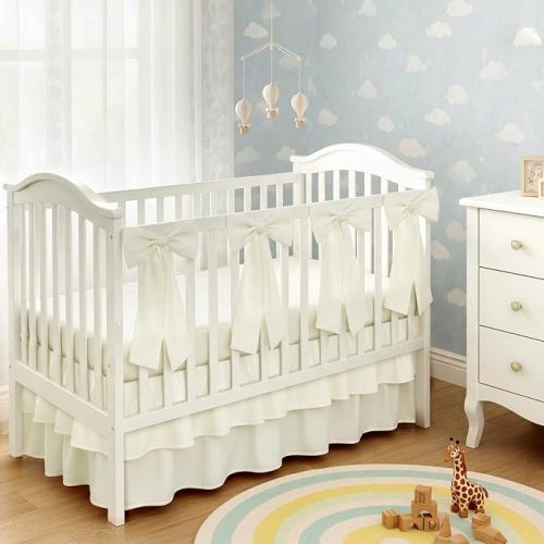 SmoothNovelty White Crib Bed Skirts with 4 Large Cot Bow 28" x 52" Baby Crib Skirt for Boys Girls Nursery Toddler Bed Skirt Dust Ruffle 14" Drop, Double Layer