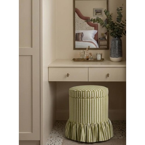 Olive Green White Striped Linen Round Cylinder Ottoman Slipcover, French Ruffle Skirt Custom Footstool Cover, Patterns Customizable
