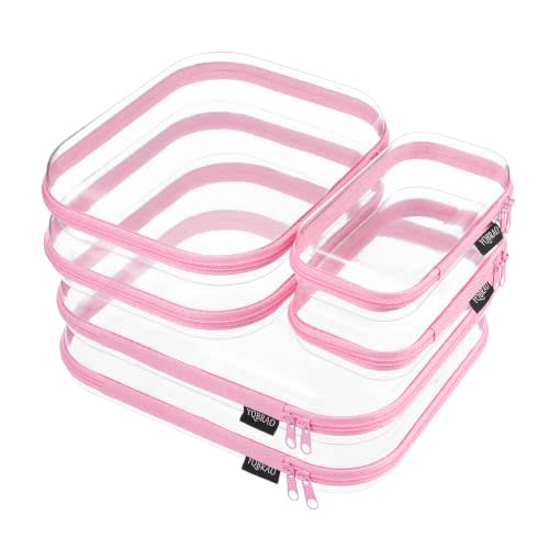 YQBRAO Clear Hard Shell Zipper Cases, 6 Multi-Size Organizers, Pink | Rigid clear shells in three practical sizes organize toiletries, cosmetics, cables, stationery and household essentials