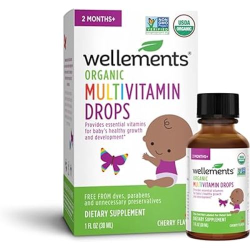 Wellements Organic Baby Multivitamin Drops | Liquid Supplement for Infants, Newborns & Toddlers, USDA Certified Organic, No Preservatives or Artificial Flavors, Cherry Flavor | 1 Fl Oz, 2 Months+