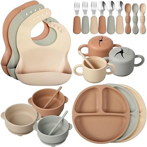 24 Pack Silicone Baby Feeding Set Baby Led Weaning Supplies Includes Suction Divided Plates Soft Bowl Spoons Forks Adjustable Bib Snack Cup and Straws for Baby Eating (Walnut Color, Beige, Smoky Gray)