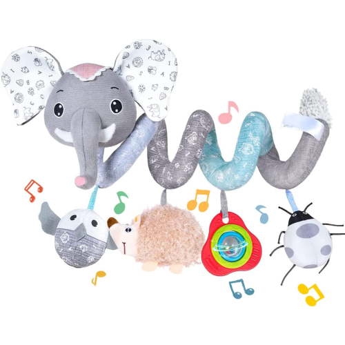 Car Seat Toys, Infant Baby Spiral Plush Activity Hanging Toy for Stroller Bar Pram Crib with Music Box BB Squeaker & Rattles