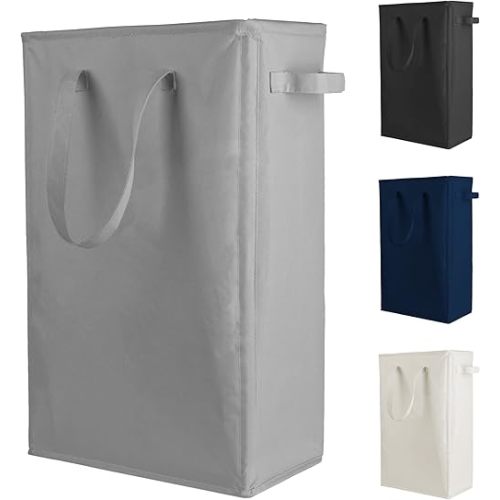Odonata Slim Laundry Hamper Handles Collapsible Laundry Basket Thin Dirty Clothes Basket Narrow Laundry Bag Foldable Dirty Hamper 45L (Dark Grey)