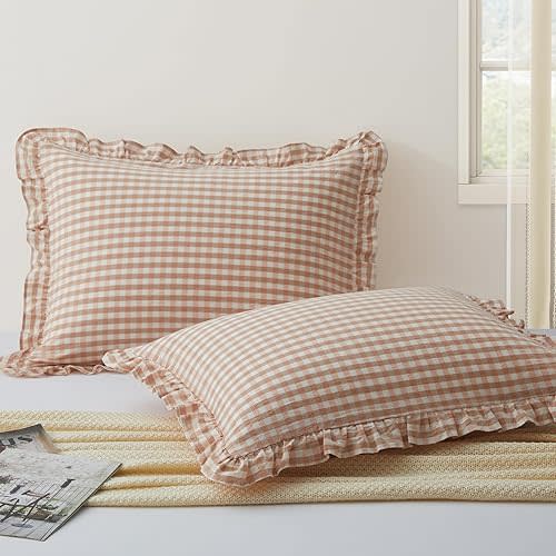 KKJIAF 2 Pcs Plaid Ruffle Pillow Case Standard Size, Light Pink Plaid