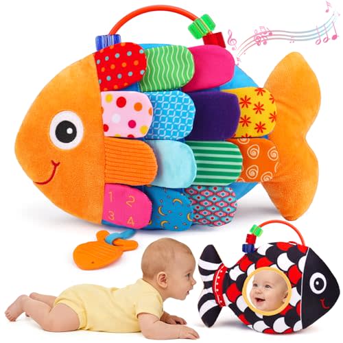 Baby Sensory Tummy Time Toys 0-6 Months Music Fish Toy for Infant 3 4 5 6 Month High Contrast Newborn Toy with Mirror Crinkle Rattle for 3-6 6-12 Month Baby Boy Girl Shower Gift Easter Basket Stuffers