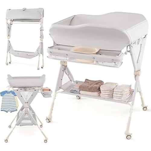 INFANS Baby Changing Table with Wheels, Portable Folding Diaper Station Nursery Organizer with Storage Basket, Hanging Rack, Adjustable Height, Safety Belt for Newborn Infant (Light Gray)
