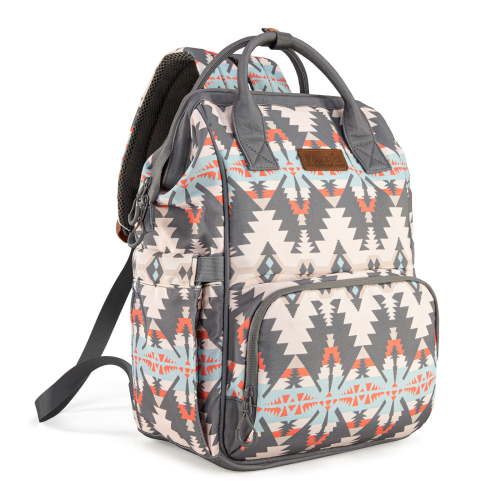 Wrangler Aztec Travel Backpack Baby Bag for Women with Stroller Strap and Side Bottle Pockets Organized Diaper Bag, Grey
