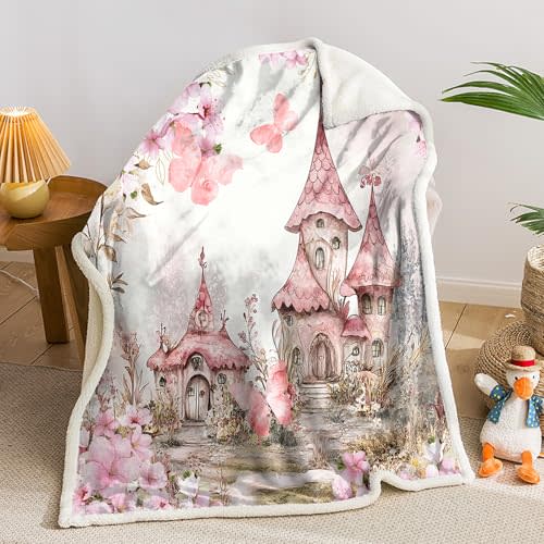 AILONEN Fairy Castle Throw Blanket,Pink Castle Dreamy Fleece Sherpa Blanket for Kids Girls,Beautiful Flower Garden Princess Blanket,Soft Lightweight, 47 x 31 Inches