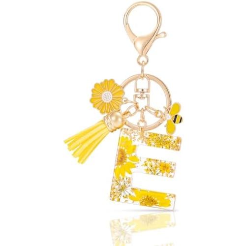 Initial Letter Keychain Resin Alphabet Keyrings,Yellow Petals Gold Foil Key Ring Key Chain Charm