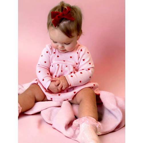 Organic Waffle Simple Dress & Bloomer, Little Red Heart (on Pink)