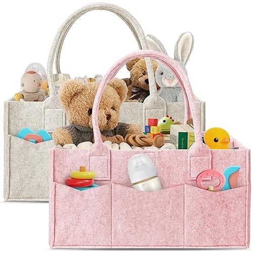 HIPHOP PANDA 2-Pack Diaper Caddy Organizer - Nursery Storage Bin & Car Organizer for Diapers, Wipes, and Baby Essentials - Dual-Color Solid Set (Pink/Oatmeal), Regular Size