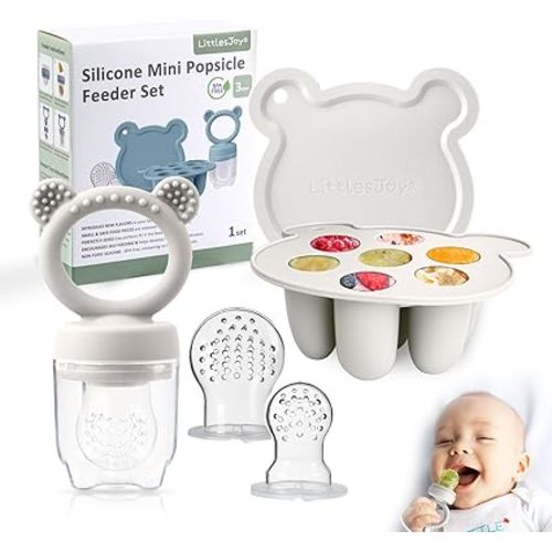 BPA FREE baby silicone fruit feeder & food feeder pacifier, infant baby breast milk popsicle mold ice cube tray , toddler teething relief teether, food freezer tray , 2pcs addtional pouches (light grey)