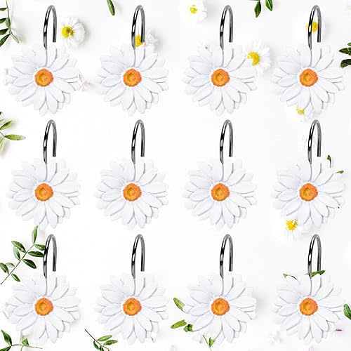 Whaline 12Pcs Spring Shower Curtain Hooks White Daisy Flower Curtain Rings Floral Decorative Curtain Hanger Hooks for Living Room Bedroom Bathroom Decor