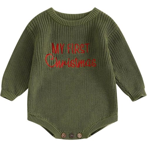 Adobabirl My First Christmas Baby Outfit Girl Boy Christmas Sweater Bubble Romper Long Sleeve Jumpsuit Fall Winter Outfit (My 1st Christmas Romper-green, 0-3 Months)