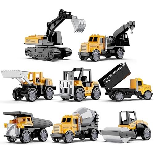 HONGTUO Alloy Mini Construction Vehicles, 8Pcs Die-cast Construction Toys Set, Excavators Mixer Truck Bulldozers Forklift Dump Truck, Pull Back Car Toys for Toddlers Kids Boys & Girls
