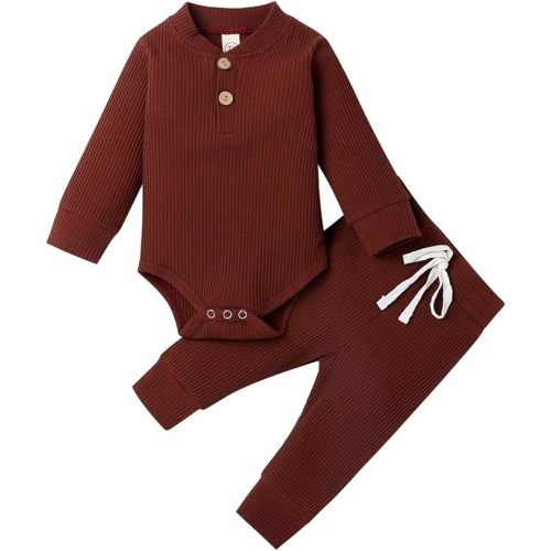 Newborn Baby Girl Boy Fall Clothes 3 6 12 18 24 Months Outfits Long Sleeve Knitted Cotton Romper & Pants Infant Winter Sets - 6-12 Months - D-brown