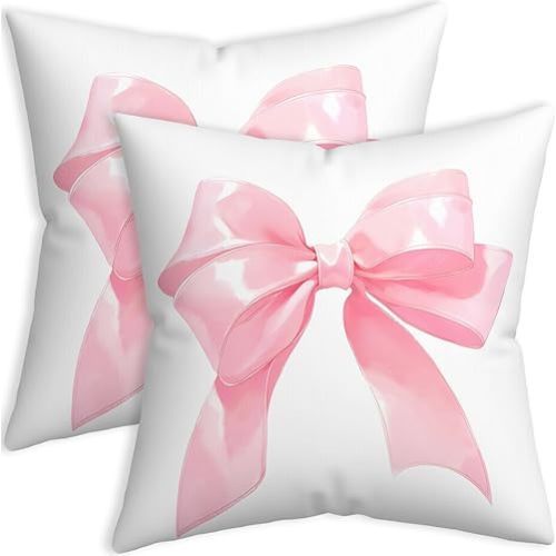 Pink Bow Pillow Covers 18x18, Girly Coquette Aesthetic Bow Throw Pillows Set of 2, Girls Pink Home Decor Polyester Pillowcase for Living Room Bedroom Sofa Couch