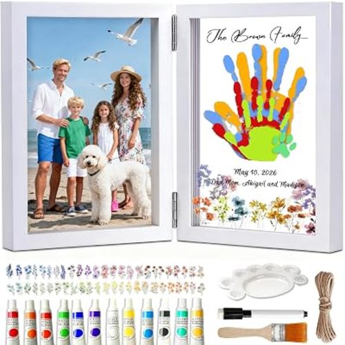 OurWarm Family Handprint Kit for 4, DIY Baby Hand and Footprint Kit Wood Frame with Color Palette, Family Gifts with 50pc Stickers & 12 Non-Toxic Baby Safe Paint for New Parents, Newborn, Father's Day