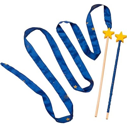 Sarah's Silks Starry Night Streamer - 8 Foot Long Ribbon Wand for Kids Dance, Baton Stick Twirling and Rhythmic Gymnastics. Bright Colored 100% Silk Ribbon and Wooden Birch Handle Party Pack 2 Pieces