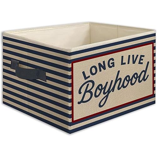 Boys Long Live Boyhood Foldable Storage Bins Box with Handles, Retro Blue Striped Collapsible Toys Books Clothes Organizer Basket for Kids Boy Nursery Room Bedroom Playroom Bathroom