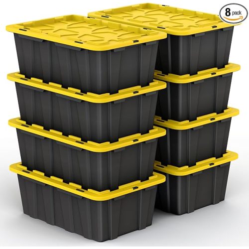 8 PACK of 12 Gallon Medium Black & Yellow Storage Bins | Plastic Tote Organizing Container with Secure Latching Lids, Stackable, Extra Strength with Built in Handle | 24.5" x 16.5" x 9"