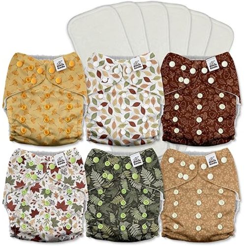Mama Koala 3.0 Pocket Cloth Diapers for Babies with AWJ Lining, 6 Pack with 6 5-Layer Natural Cloth Diaper Inserts - Reusable and Washable Pocket Diapers(A-Falling Leaves)