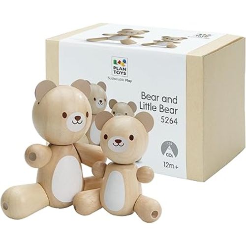 PlanToys® Bear & Little Bear Wooden Rattle & Teether Set | Montessori Sensory Toy for Grasping, Auditory Learning & Motor Skills | Eco-Friendly Infant Educational Toy