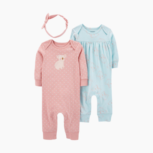 Carter's 3-Piece Jumpsuits & Headwrap Set - Pink/Mint/Animals, 9 M