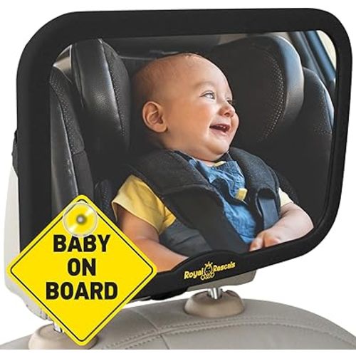 Royal Rascals Lockable Baby Car Mirror, Safest Shatterproof Back Seat Mirror, Clear Rear View Car Mirror For Baby, Car Seat Mirror, Car Accessories- Includes Baby Onboard Sign