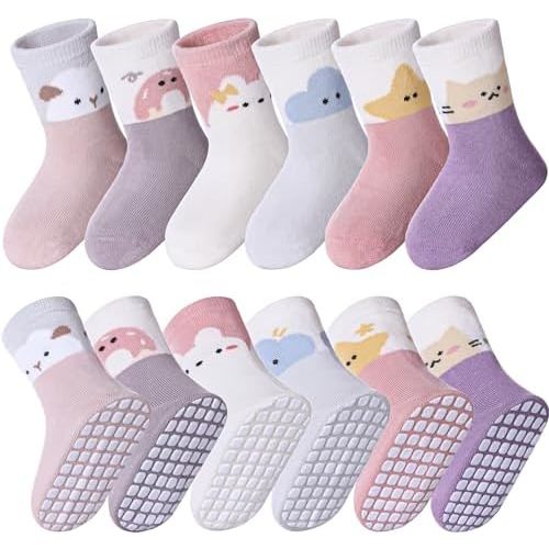 MQELONG 6 Pairs Baby Girls Non Slip Crew Socks Grips Socks (1T - 3T size)