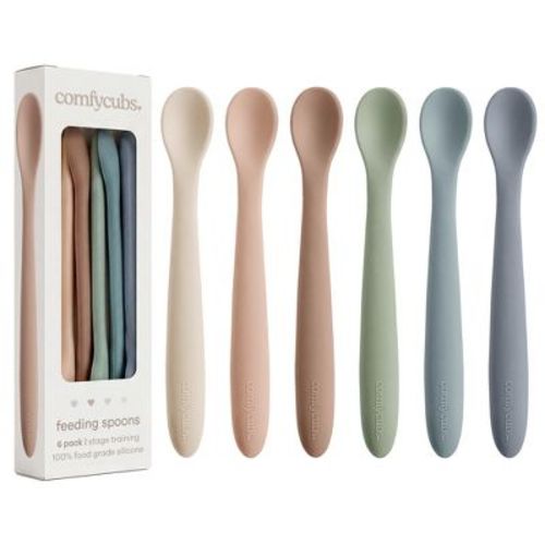 Comfy Cubs Silicone Baby Spoons Set 6-Pack, Sand – BPA Free, Soft Gum-Safe Toddler Eating Essentials – Lightweight & Flexible