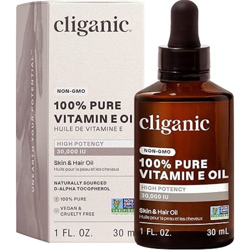 Cliganic Pure Vitamin E Oil for Skin, Scars, Hair & Face - 30,000 IU, Non-GMO Verified | Natural D-Alpha Tocopherol