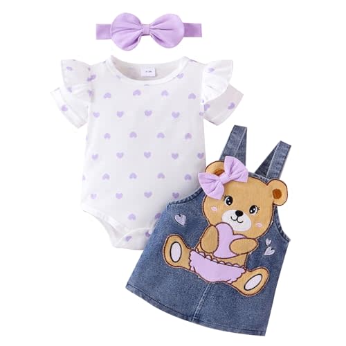 TOKIAGO Baby Girl Clothes Outfits Summer Cute Little Bear Romper + Shorts + Butterfly Tie Hair Band Set 0-18 Months