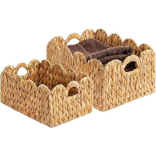 Set of 2 Scalloped Edge Wicker Storage Basket with Built-in Handles, Rectangle Water Hyacinth Basket for Organizing, Decorative Woven Rattan Basket for Shelf, Nursery Room